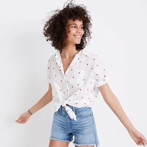 Madewell Women's Embroidered Tie-Front Shirt in Fresh Strawberries (Size S)